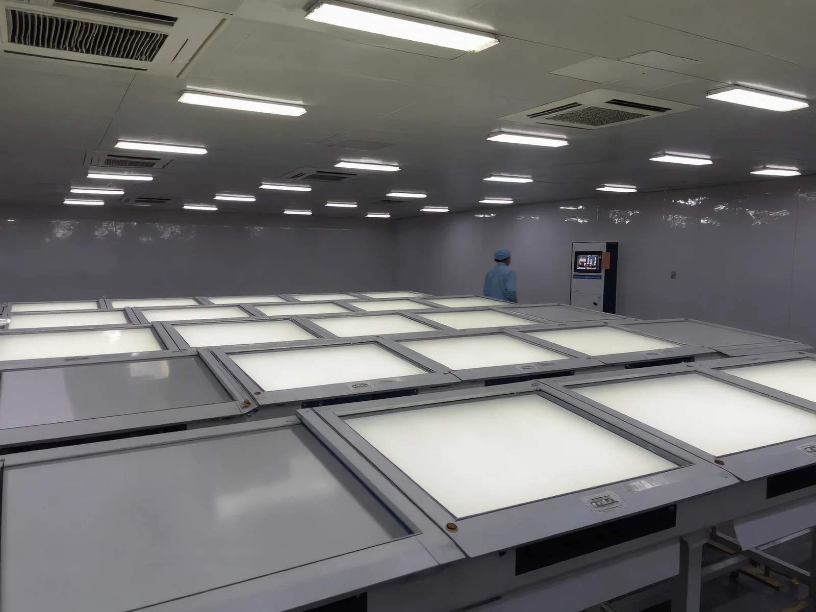 Visualisation: flat panels running on burn-in test tables