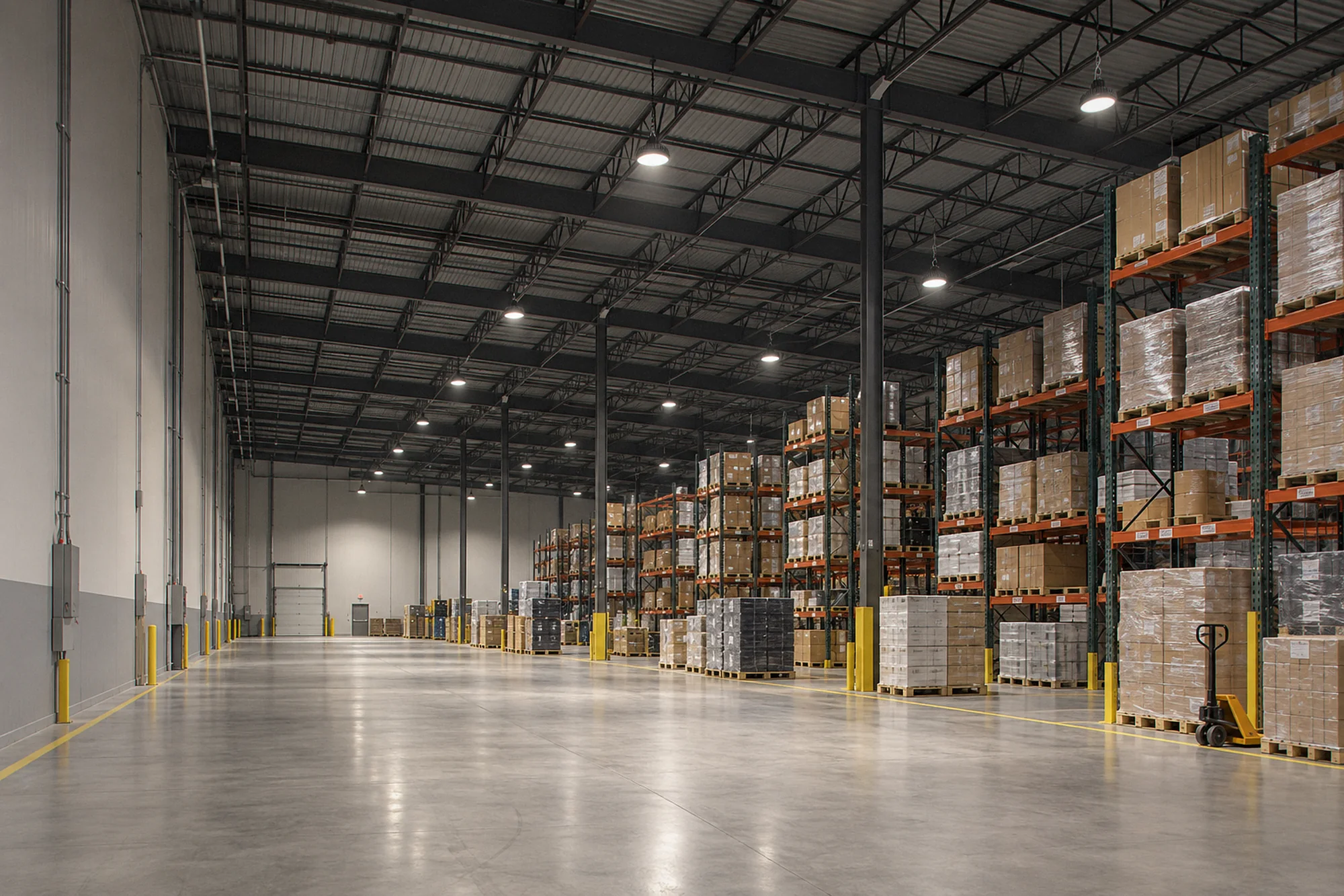 UFO LED high bays lighting the main aisle of a distribution warehouse at night
