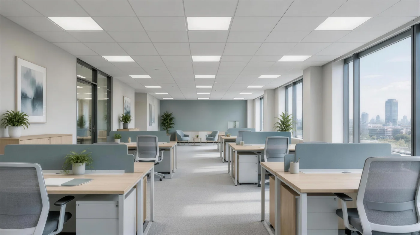 an open-plan office lit by flat panels in a T-bar grid ceiling