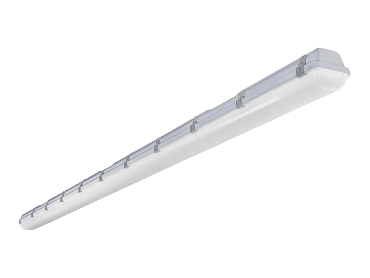 Allmax Vapor Tight sealed linear luminaire, three-quarter view of the housing and lens